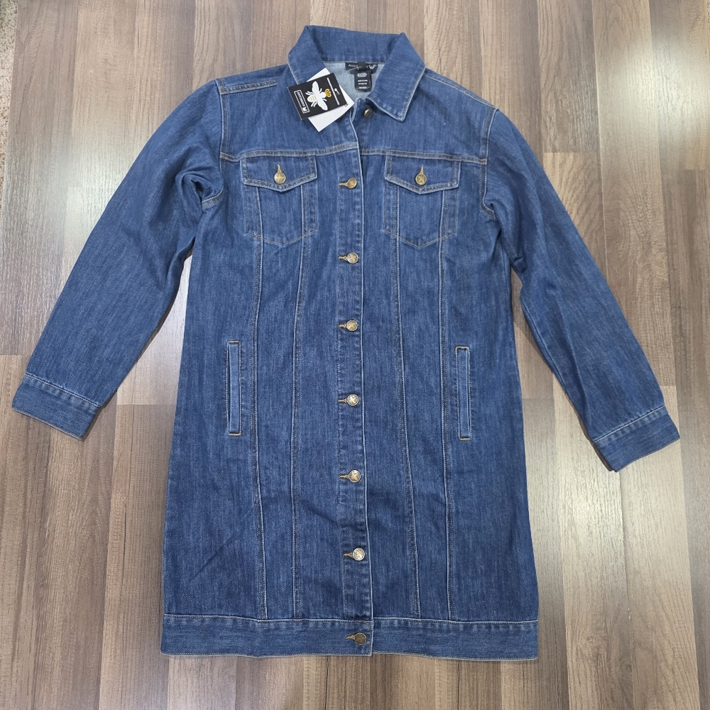 NWT Antthony Originals Classic Longline Chic Denim Jacket  Honey Bee Buttons. S